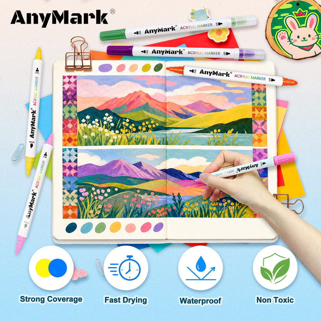 AnyMark 24 Colors Acrylic Paint Markers Brush & Fine Paint Pens