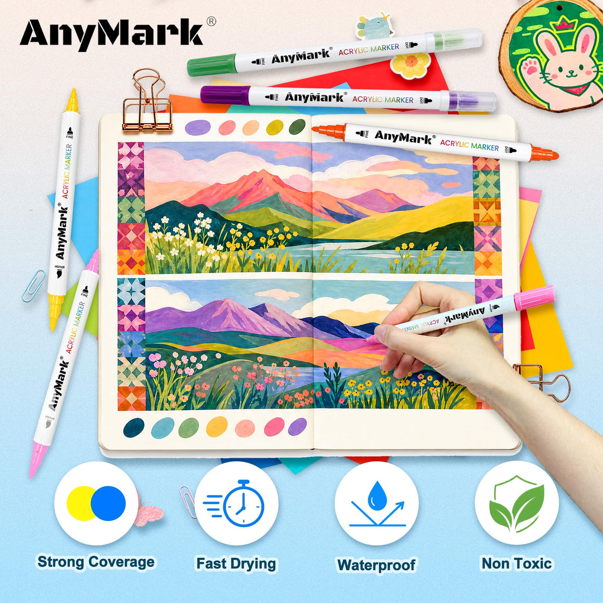AnyMark 24 Colors Acrylic Paint Markers Brush & Fine Paint Pens