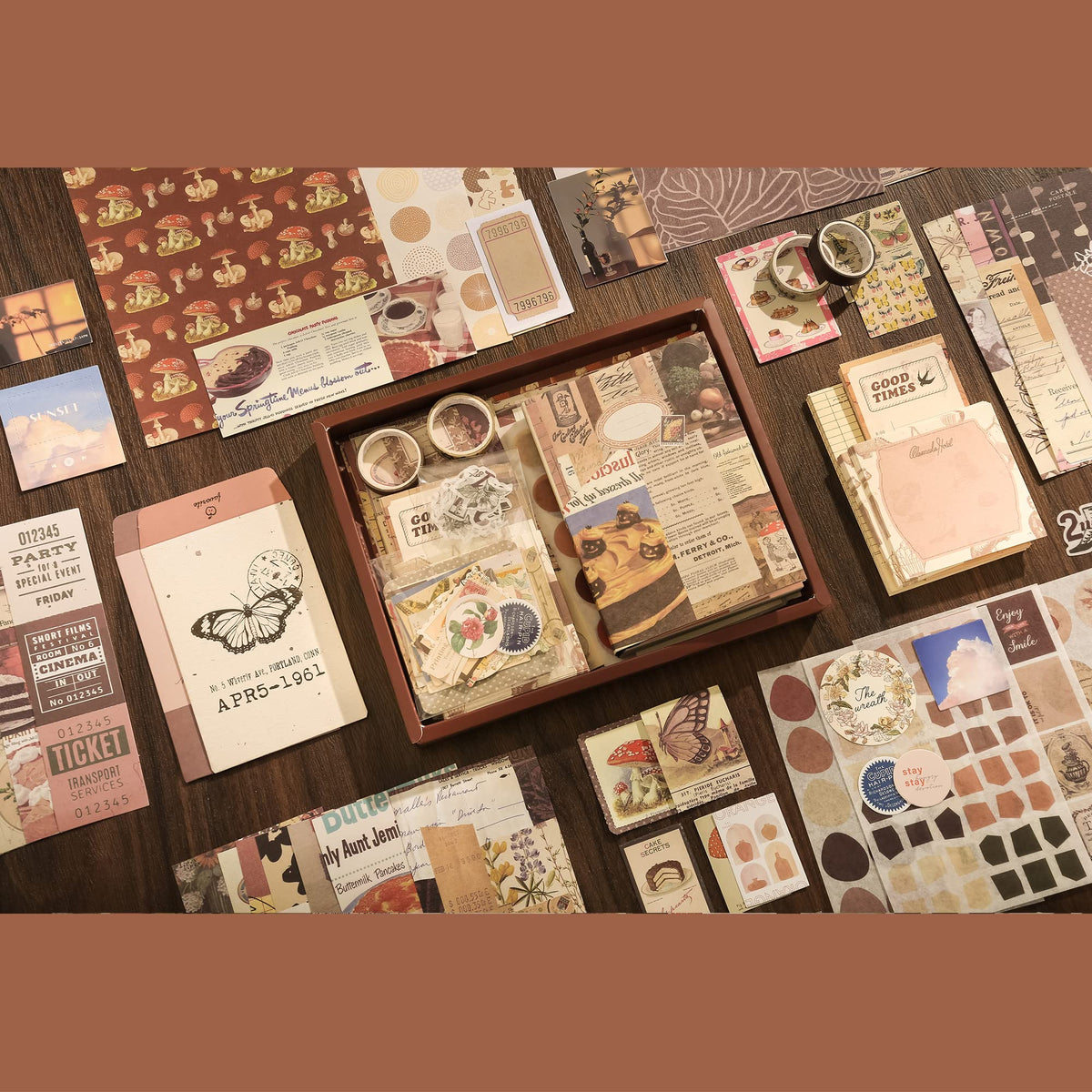 emmoolife 348 Pcs Scrapbooking Supplies Kit, Vintage Aesthetic Scrapbook Kit for Bullet Junk Journal, Stationery, A6 Grid Notebook, DIY Journaling Supplies, Birthday Craft Gift for Teen Girl Women