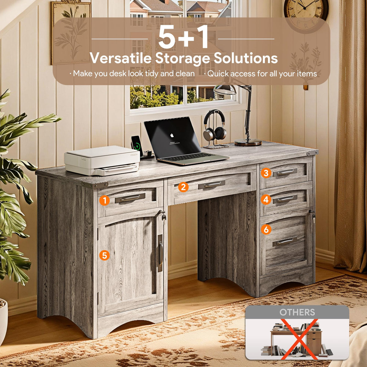 Decofy 67" Farmhouse L Shaped Standing Desk with Drawers Home Office Executive Desks with Fast Charging Station, Lockable File Cabinet, Wood Writing Computer Desk for Work, Study, White