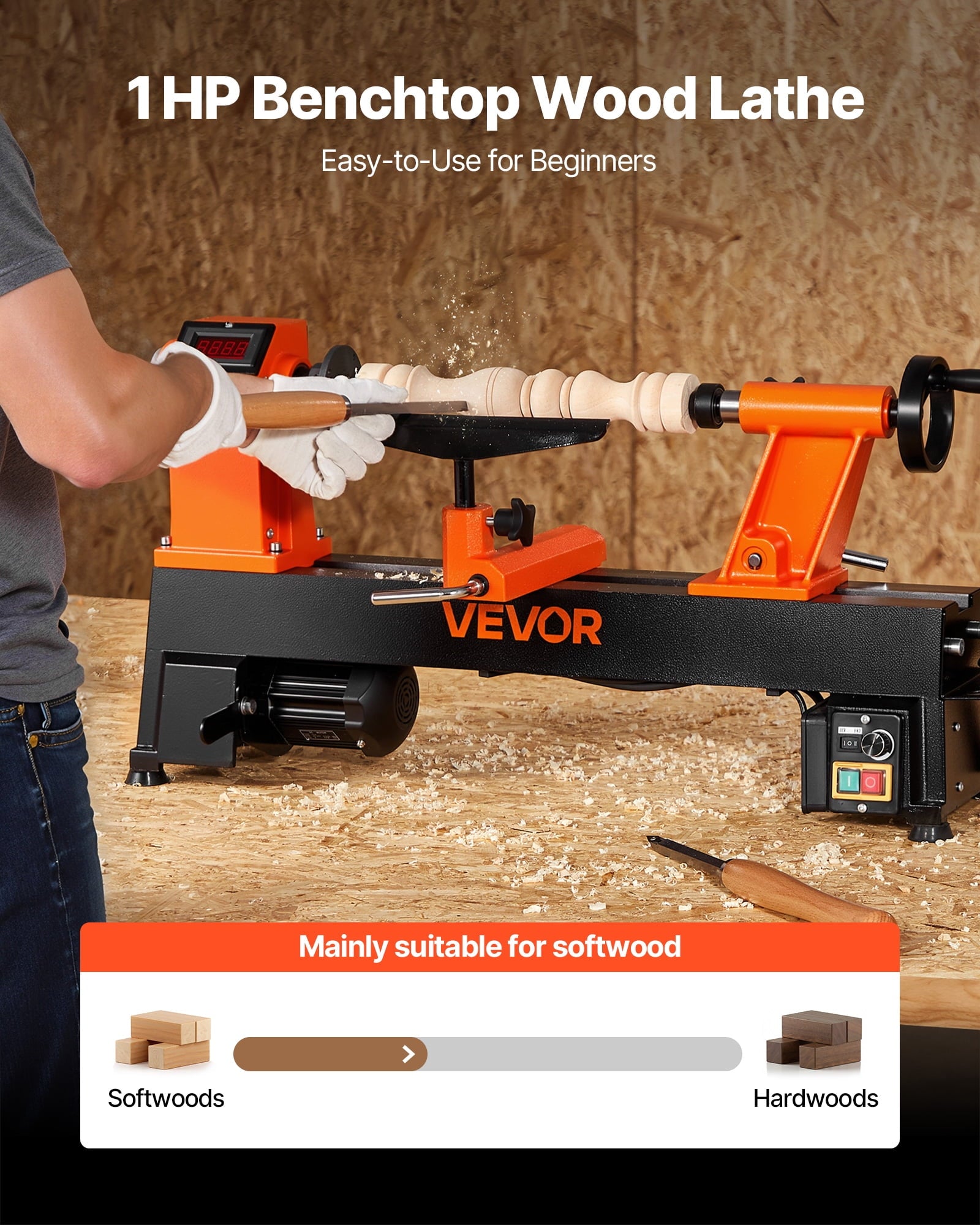 VEVOR Woodworking Lathe, 1 HP, Benchtop Wood Lathe Machine with 0 to 3