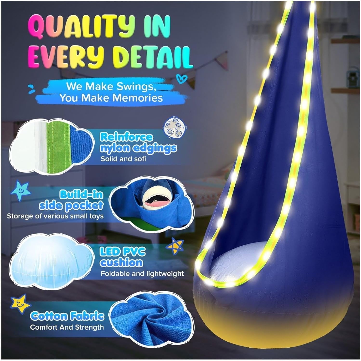 Kids Pod Swing Seat - Light Up Hammock Chair with Pillow, Indoor Outdo
