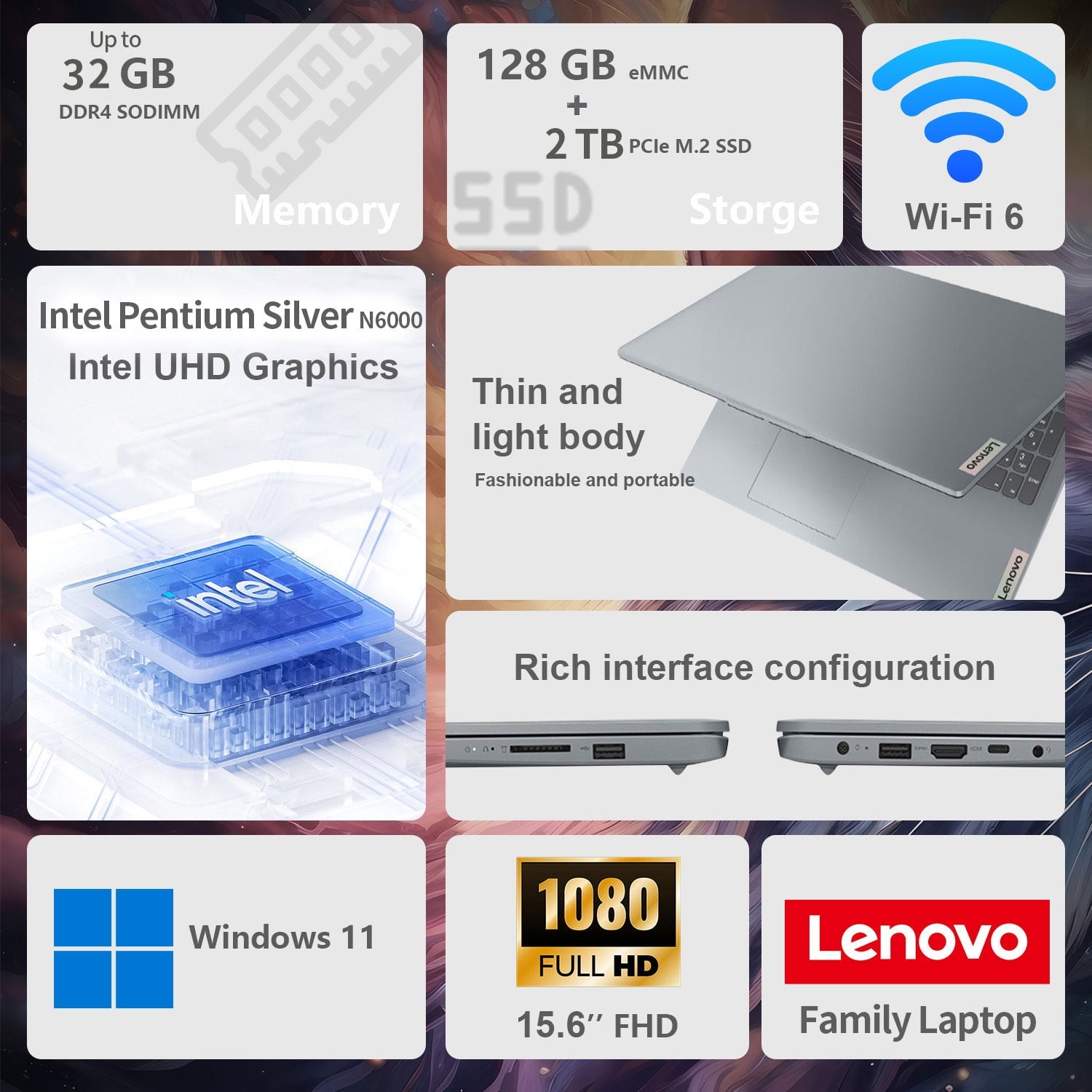 Lenovo IdeaPad 2025 15.6” FHD Laptop, Intel 4-Core CPU, 8GB RAM, 128