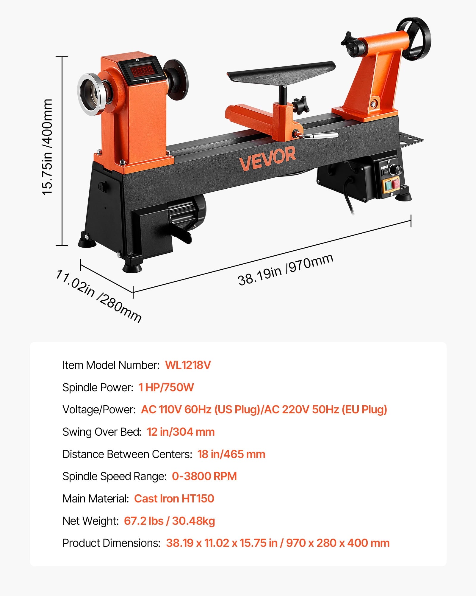 VEVOR Woodworking Lathe, 1 HP, Benchtop Wood Lathe Machine with 0 to 3
