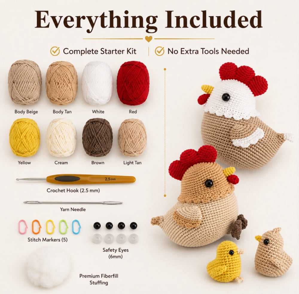 4 Pack Chicken Family Crochet Kit for Beginners, Chicken Amigurumi Sta