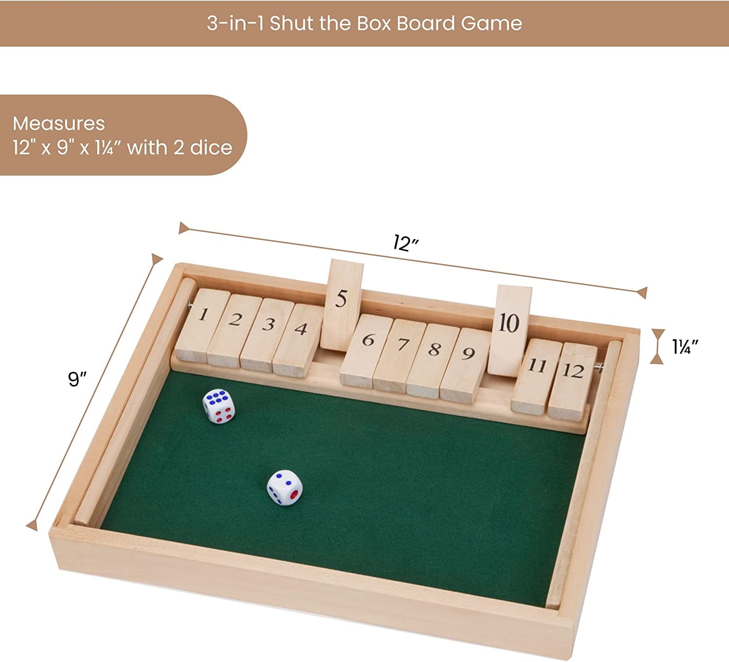 Bits and Pieces Shut The Box 3-in-1 Wooden Board Game with 12 Numbers