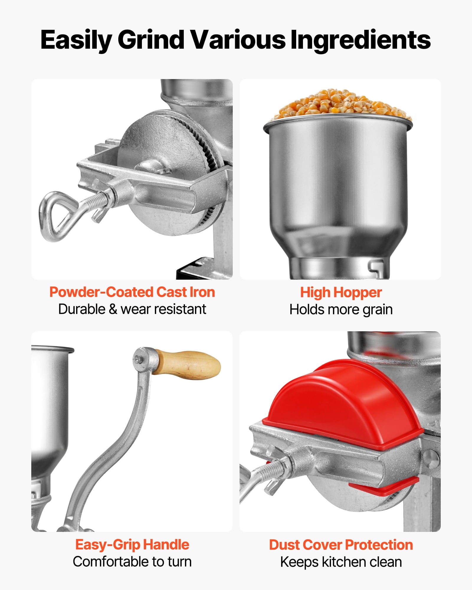 VEVOR Manual Grain Mill with High Hopper, Hand-Crank Corn Grinder, Hea