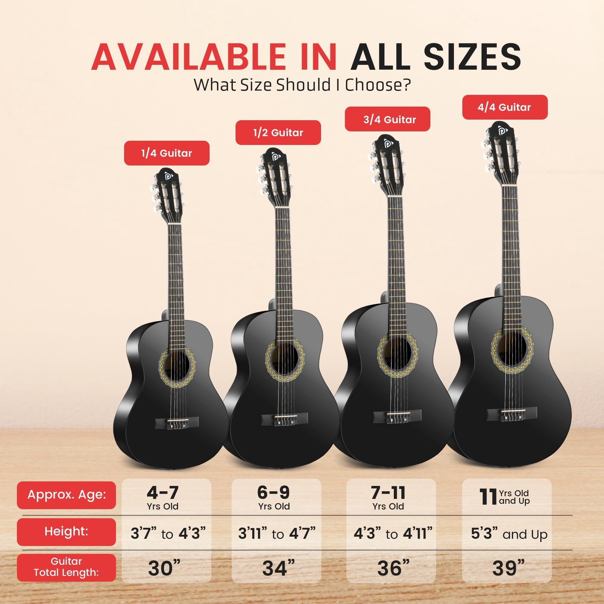 Pyle 6 String Acoustic Guitar, Right, Black Matte, 30" PGACLS30BKMT