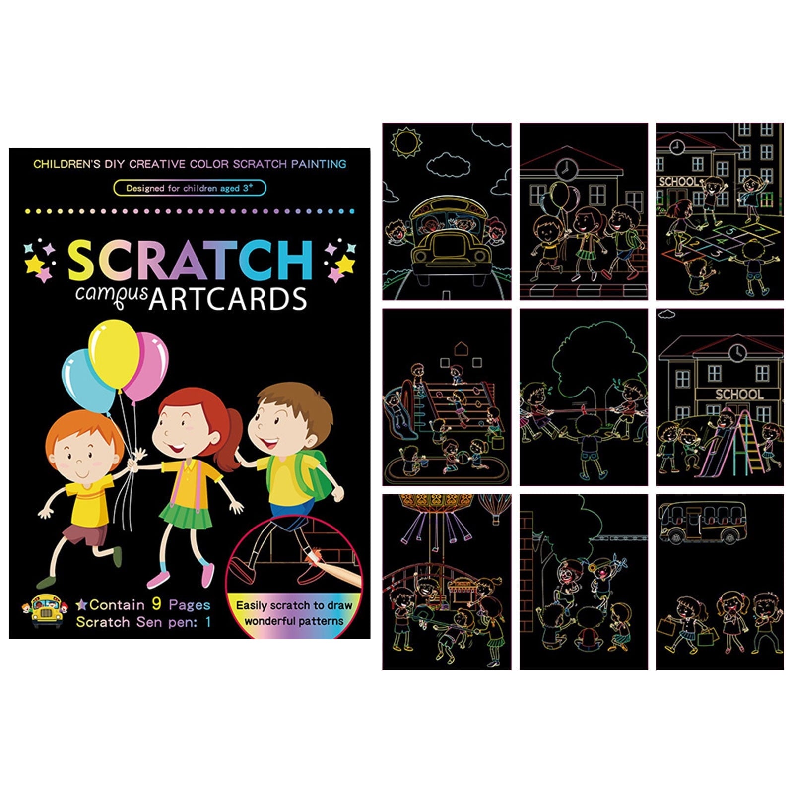 Magic Scratch Art Paper Set, 9 Sheets with Wooden Stylus for Creative