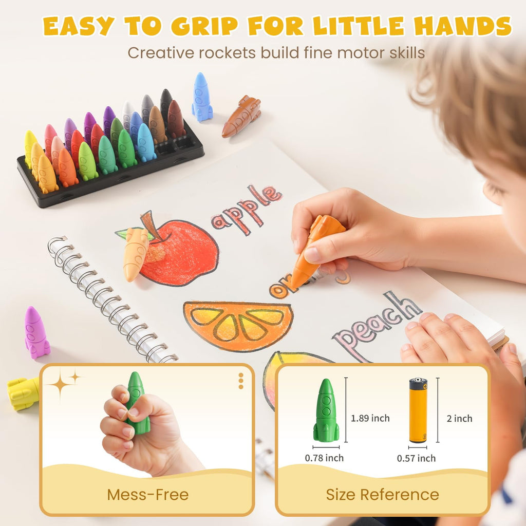 Jupitearth 24 Ct Non-Toxic Washable Rocket Crayons for Toddlers, Easy-
