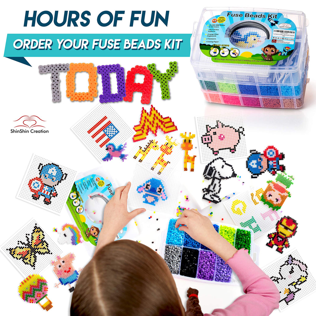 24,000 Mini Fuse Beads Kit - Tiny 2.6mm, 48 Colors, 5 Pegboards, Pixel Art