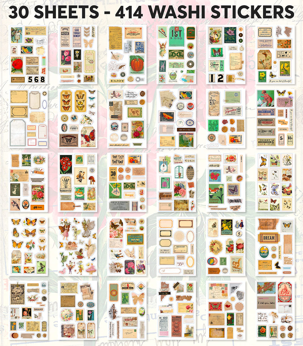 FAYWARE: Vintage Botanical Ephemera Sticker Book for Junk Journaling – 453 Washi Stickers & 20 Decoupage Sheets
