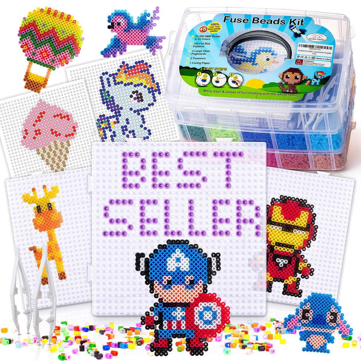 24,000 Mini Fuse Beads Kit - Tiny 2.6mm, 48 Colors, 5 Pegboards, Pixel Art