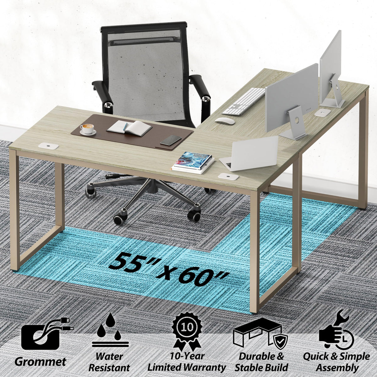 SHW 55 × 60-Inch Commercial-Grade L-Shaped Student Desk