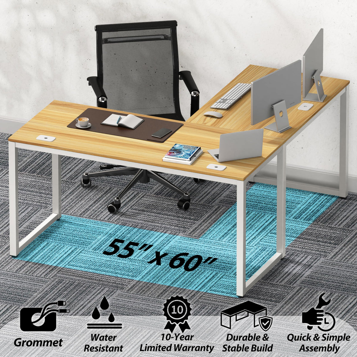 SHW 55 × 60-Inch Commercial-Grade L-Shaped Student Desk