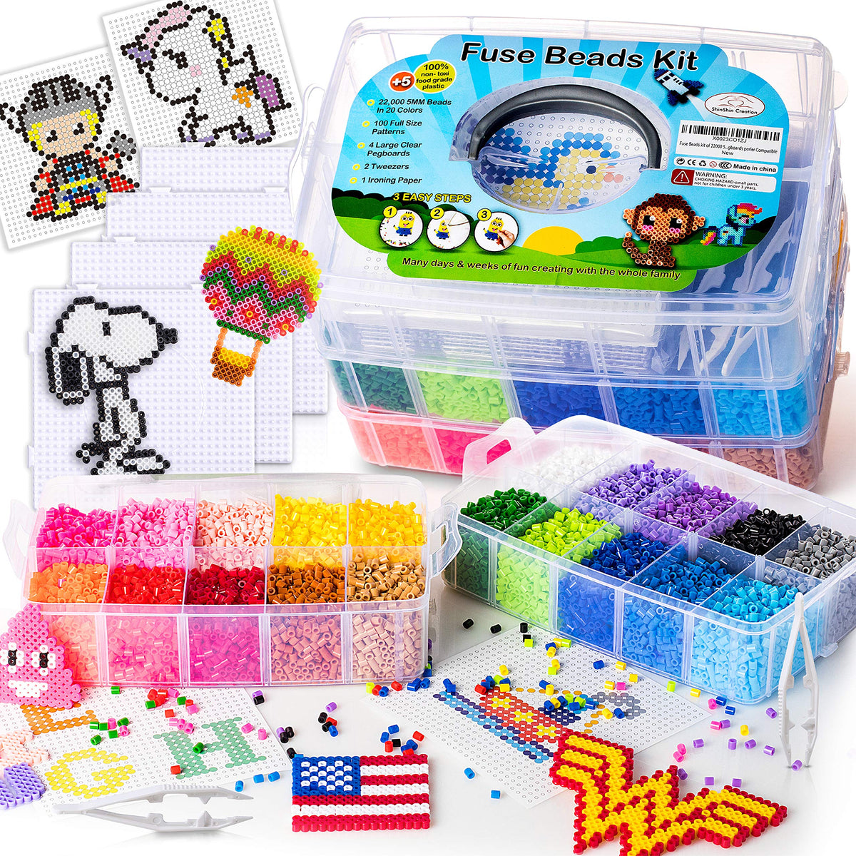 24,000 Mini Fuse Beads Kit - Tiny 2.6mm, 48 Colors, 5 Pegboards, Pixel Art