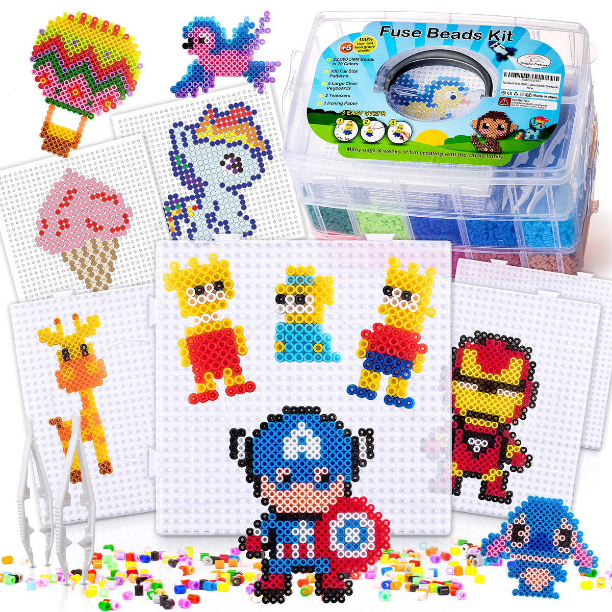 24,000 Mini Fuse Beads Kit - Tiny 2.6mm, 48 Colors, 5 Pegboards, Pixel Art