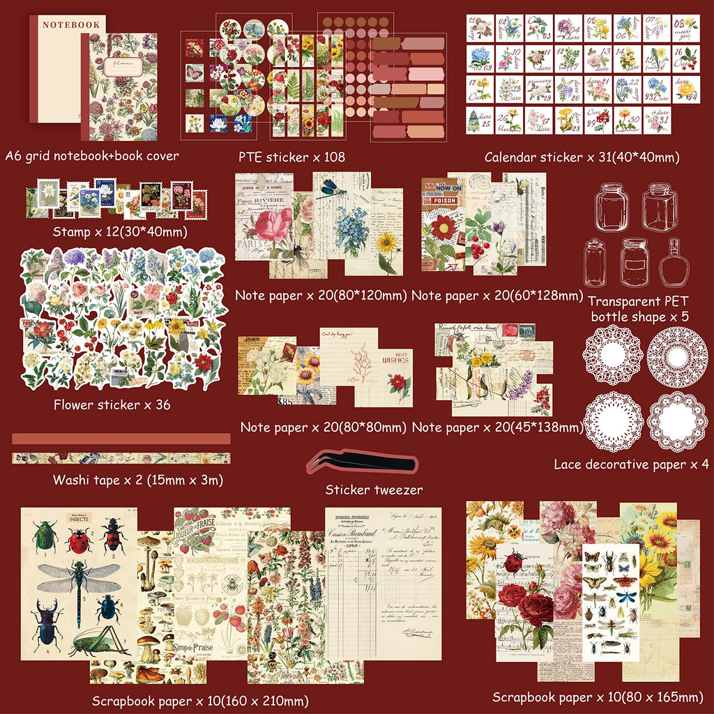 emmoolife 348 Pcs Scrapbooking Supplies Kit, Vintage Aesthetic Scrapbook Kit for Bullet Junk Journal, Stationery, A6 Grid Notebook, DIY Journaling Supplies, Birthday Craft Gift for Teen Girl Women