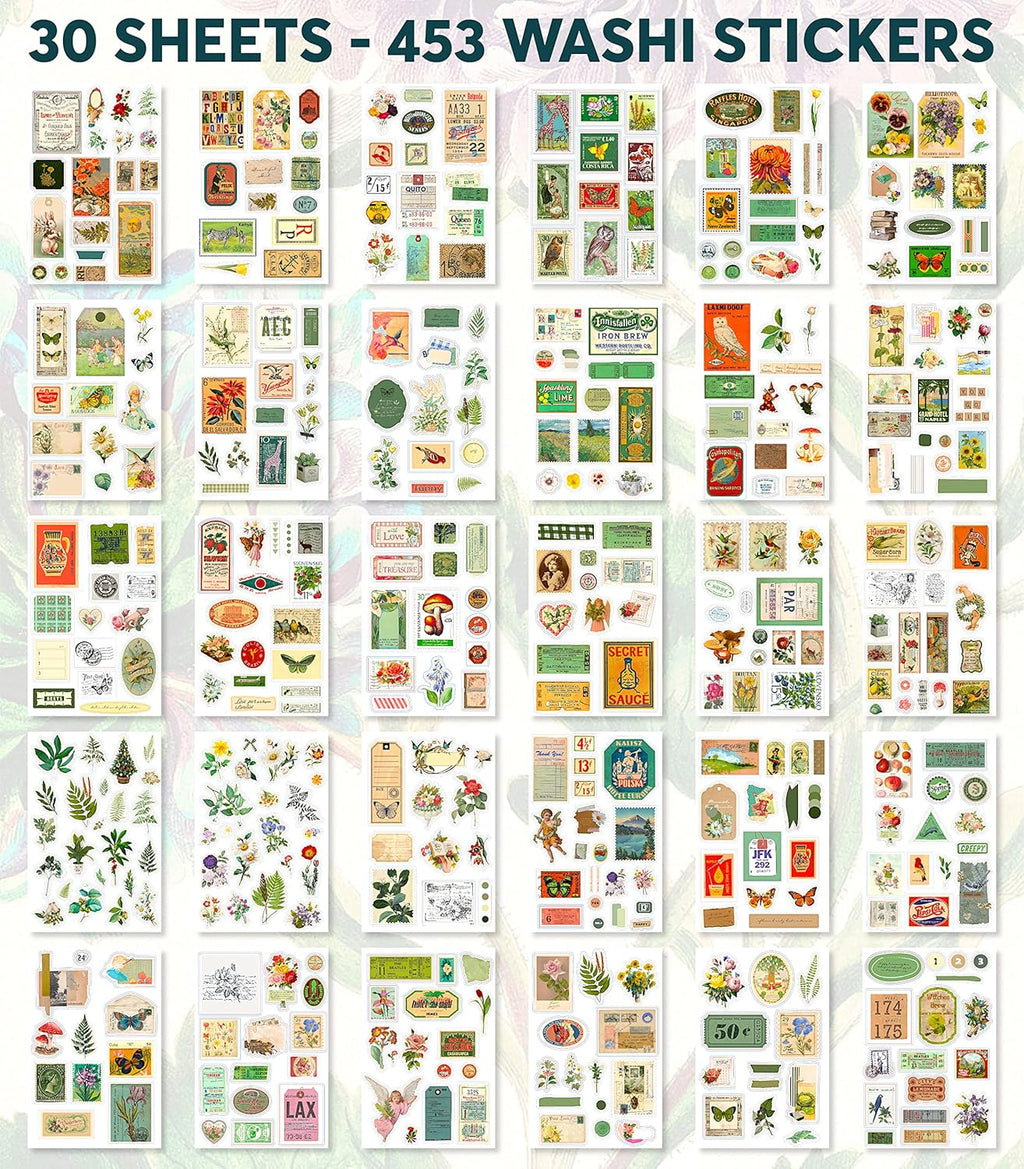 FAYWARE: Vintage Botanical Ephemera Sticker Book for Junk Journaling – 453 Washi Stickers & 20 Decoupage Sheets