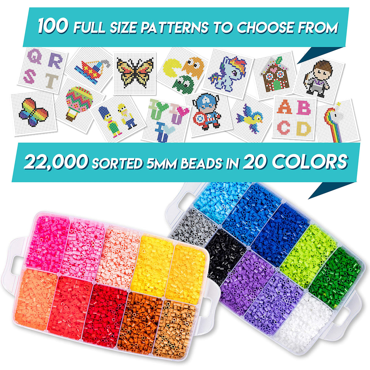 24,000 Mini Fuse Beads Kit - Tiny 2.6mm, 48 Colors, 5 Pegboards, Pixel Art