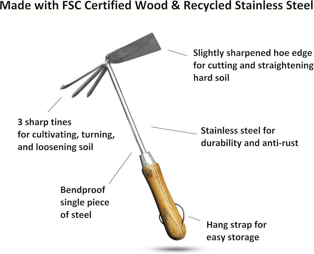 Stainless Steel Garden Cultivator Hoe (classic wood handle)