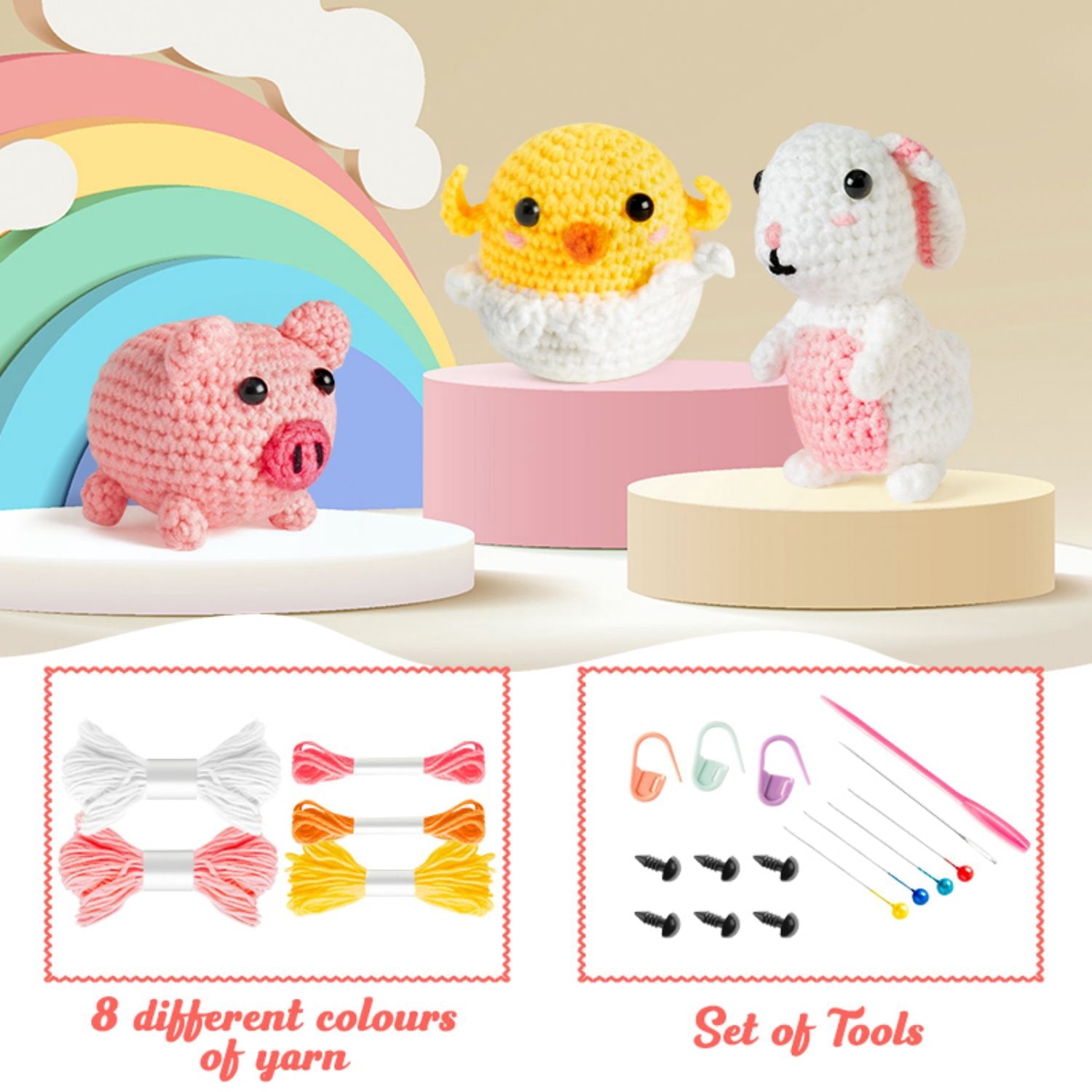 Laffact DIY Farm Animals Crochet Kit for Beginners Enthusiast, 3 Count