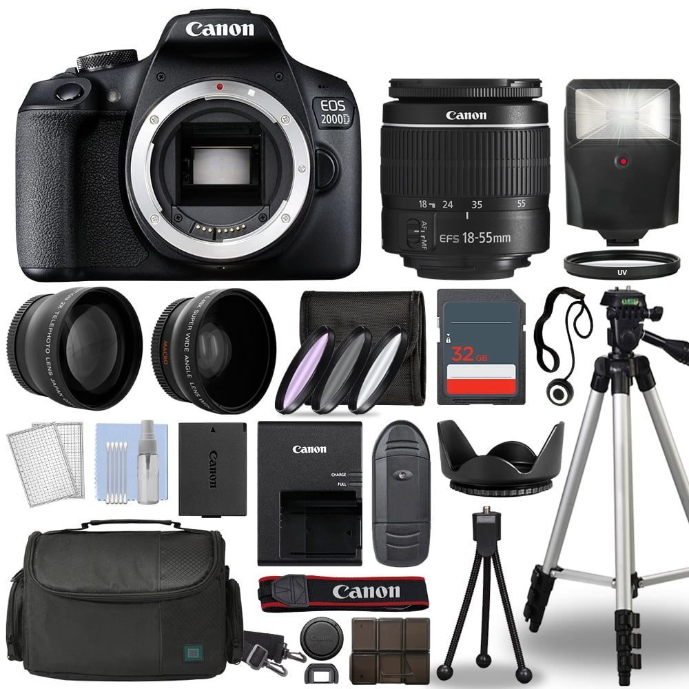 Canon EOS 2000D / Rebel T7 SLR Camera + 3 Lens Kit 18-55mm + 32GB + Fl