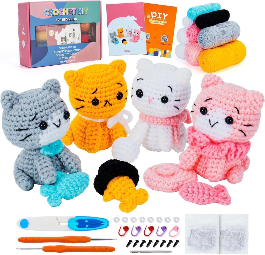 Becikitc Beginner Crochet Kit, 4-Pack Cat Animals with Yarn, Tools and