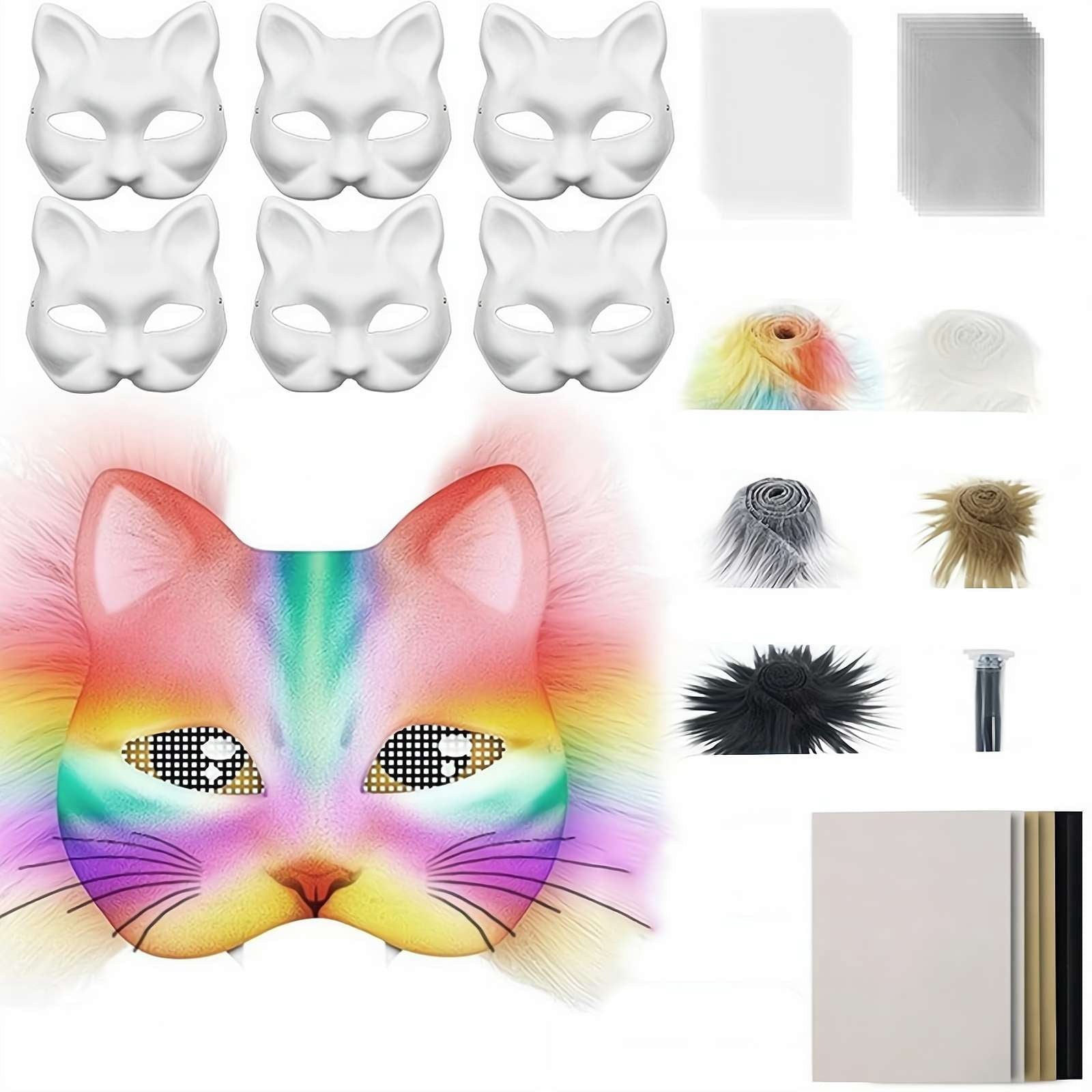 DIY Cat Mask Craft Kit, Blank Paper Mask with Colored Felt & Plush Fab