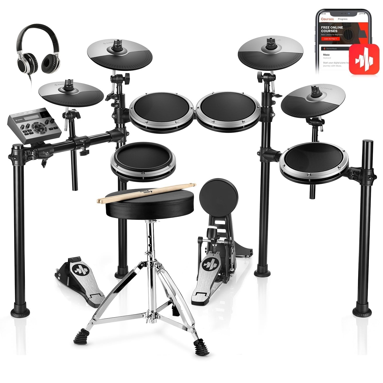 Donner Electric Drum Set for Beginner with 180+ Sounds, Quiet Mesh Kid