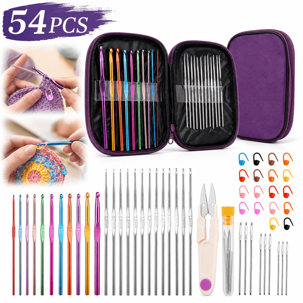 Emlimny 54 Pcs Crochet Hooks Set, Crochet Needles Set with Purple Stor