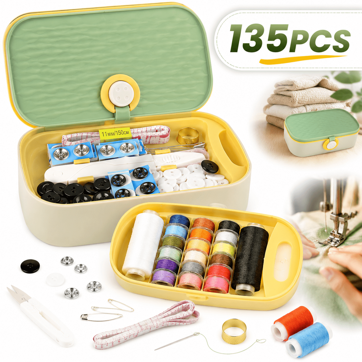 Emlimny Green Sewing Project Kit, 135 Pcs Family Sewing Supplies Repai