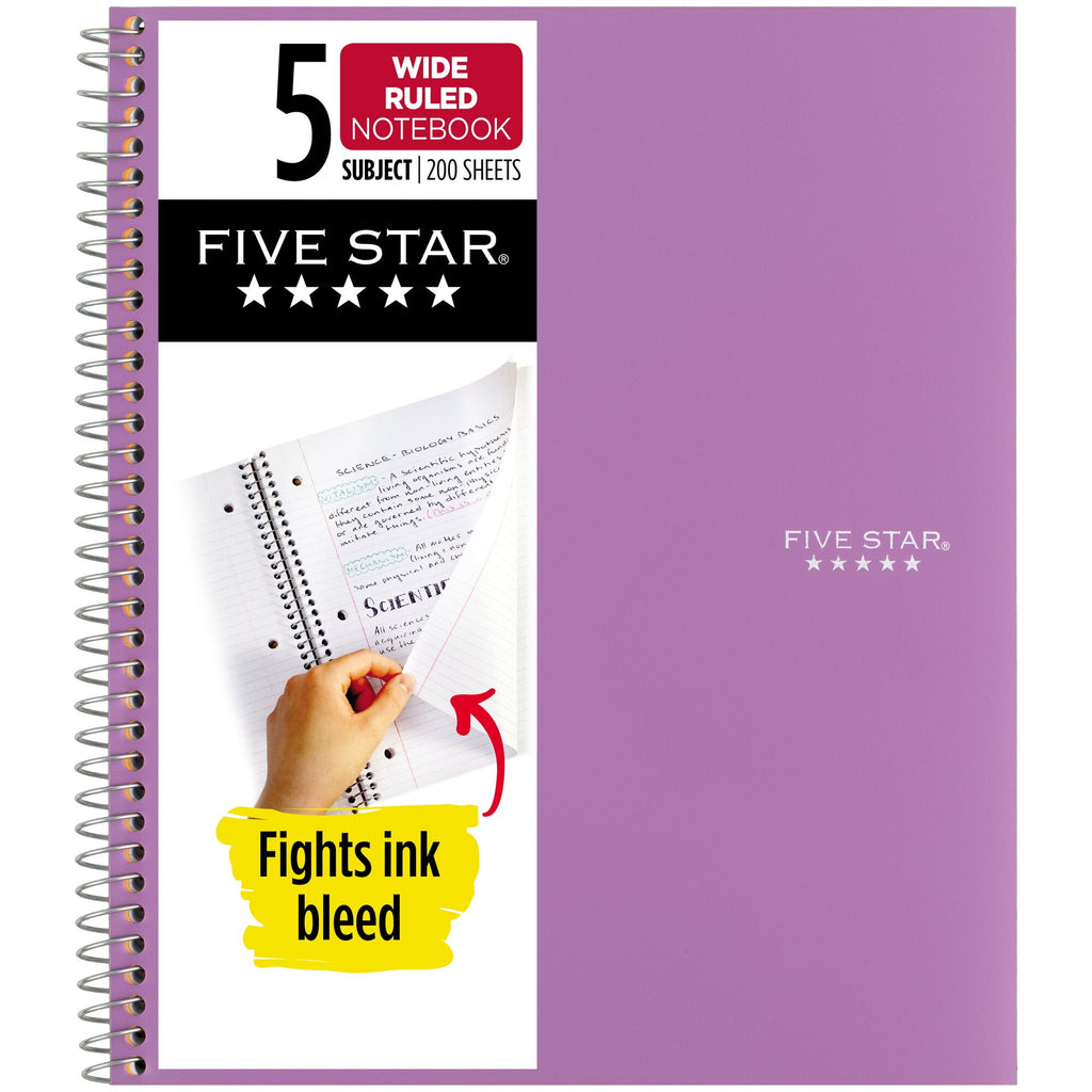 Five Star Spiral Notebook + Study App, 5 Subject, Wide Ruled, 8" x 10.