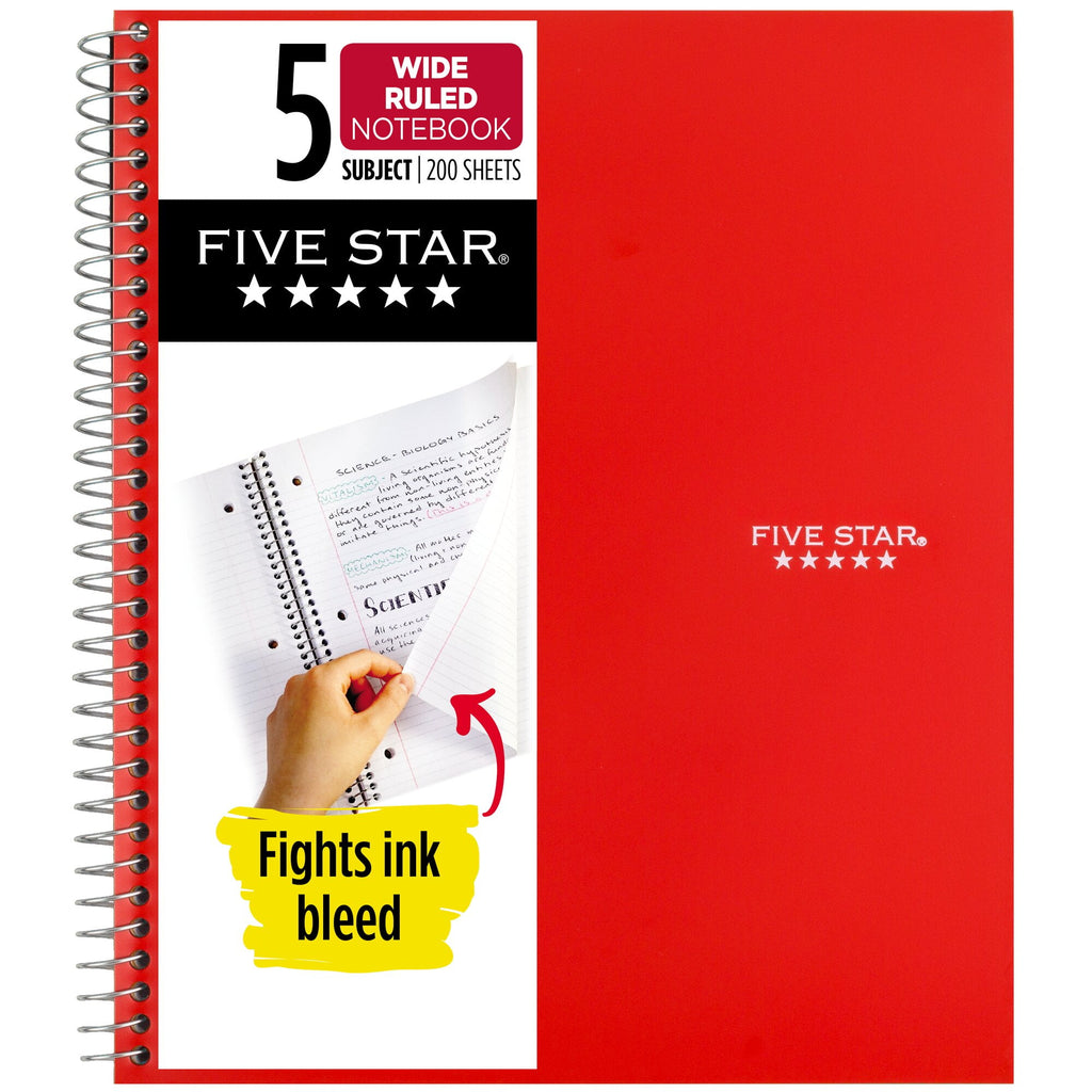 Five Star Spiral Notebook + Study App, 5 Subject, Wide Ruled, 8" x 10.