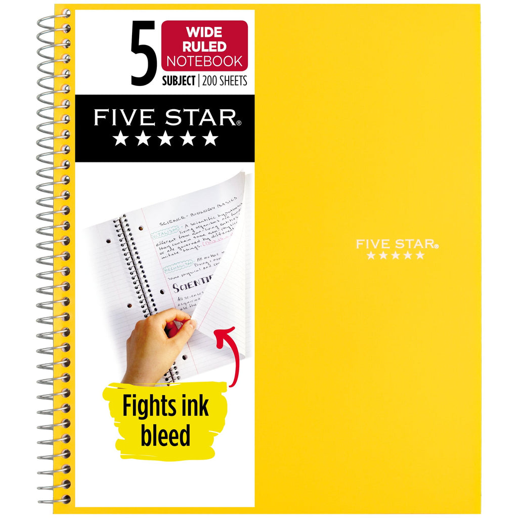 Five Star Spiral Notebook + Study App, 5 Subject, Wide Ruled, 8" x 10.