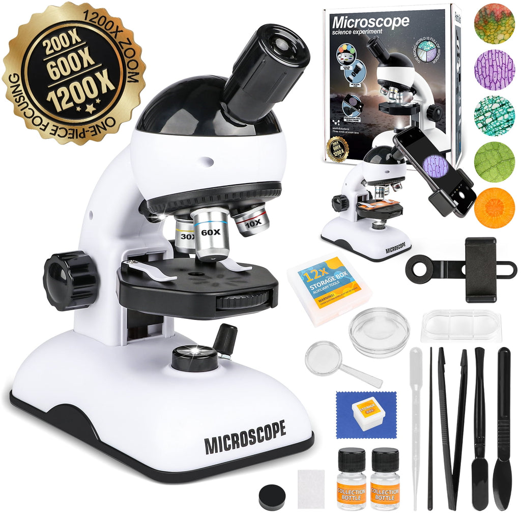 Freecat Kids Beginner Microscope STEM Kit 200X 600X 1200X, Dual LED Li