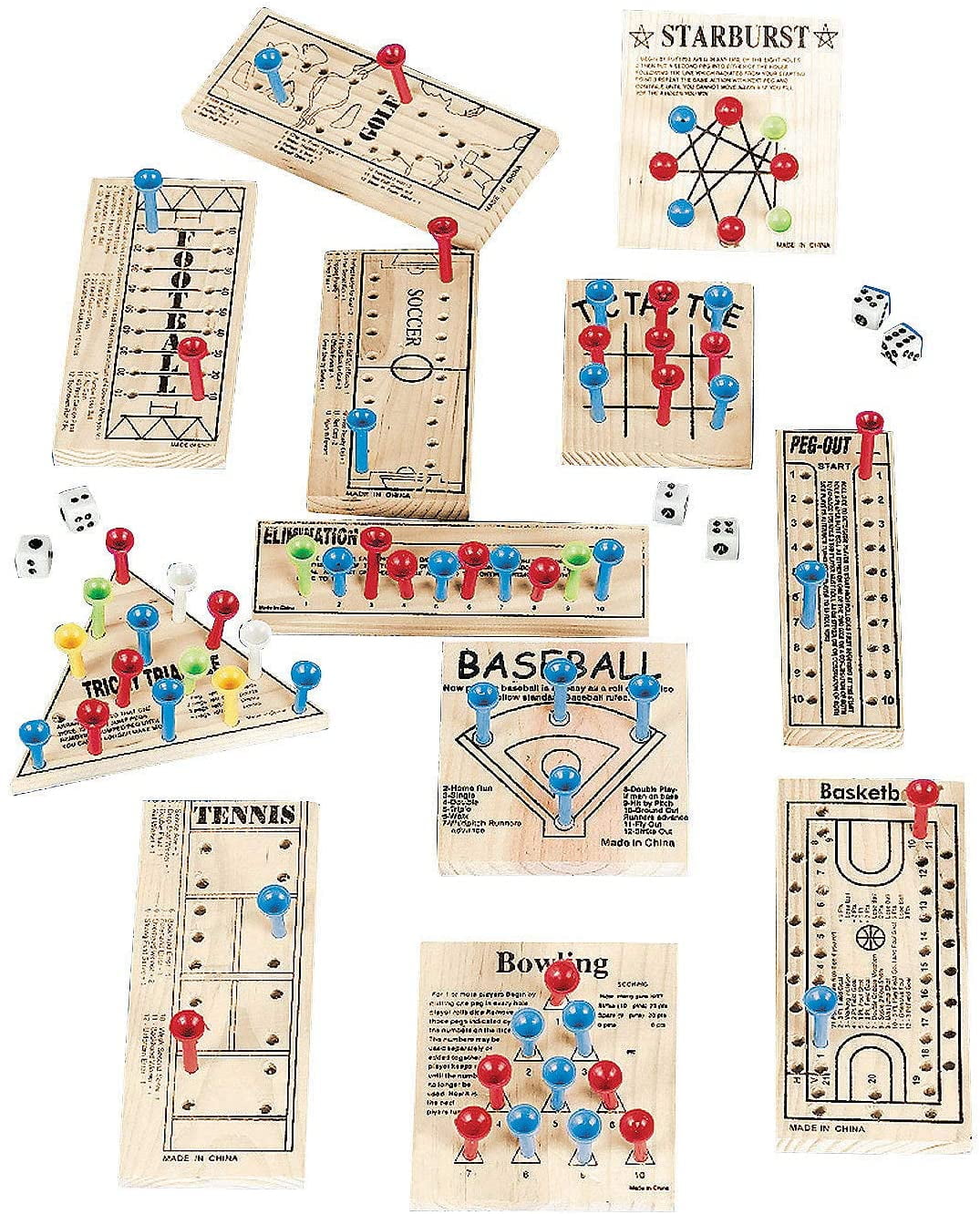 Fun Express 12-Piece Wooden Peg Board Game Variety Pack, Compact Games