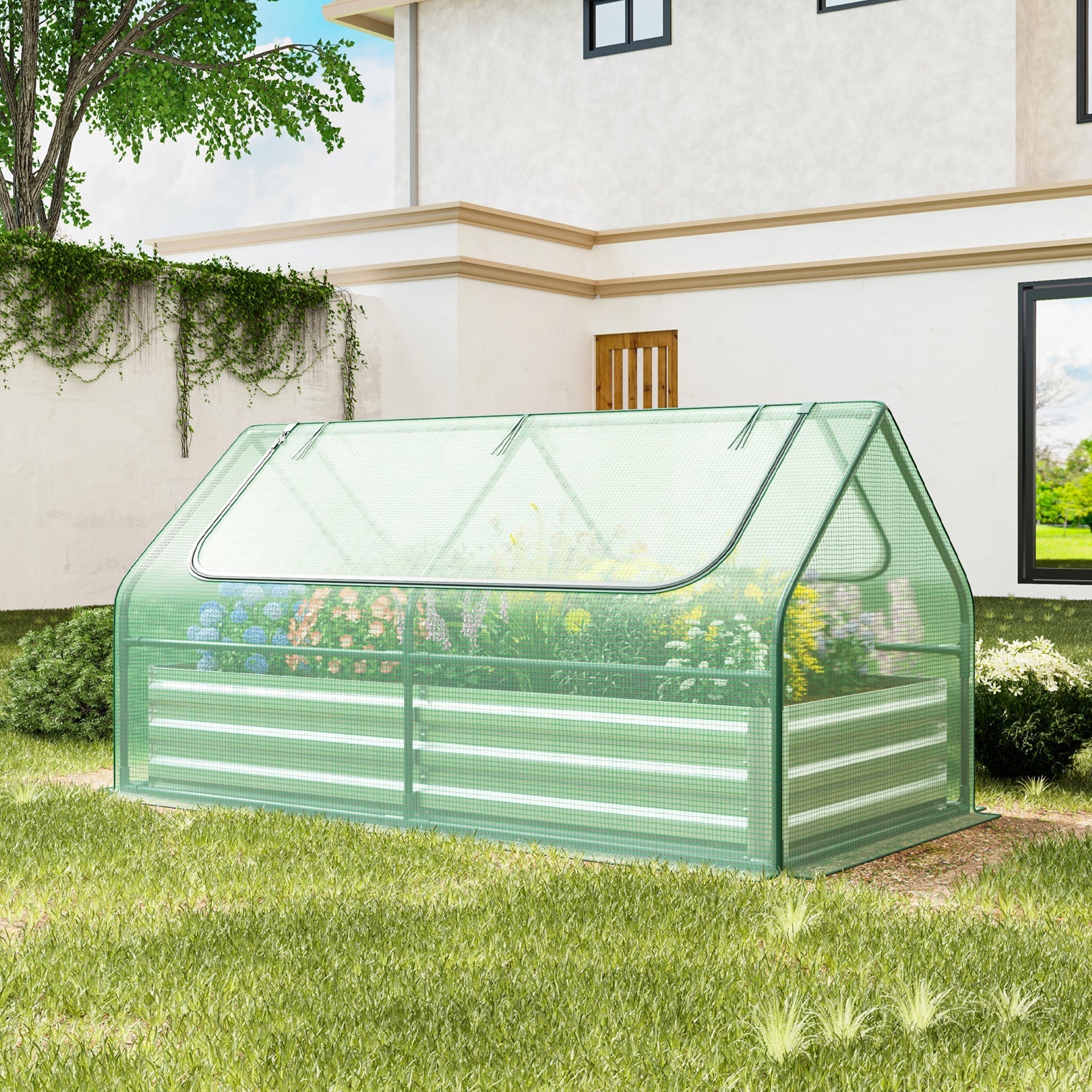 6 x 3 x 3 Feet Galvanized Raised Garden Bed with Greenhouse