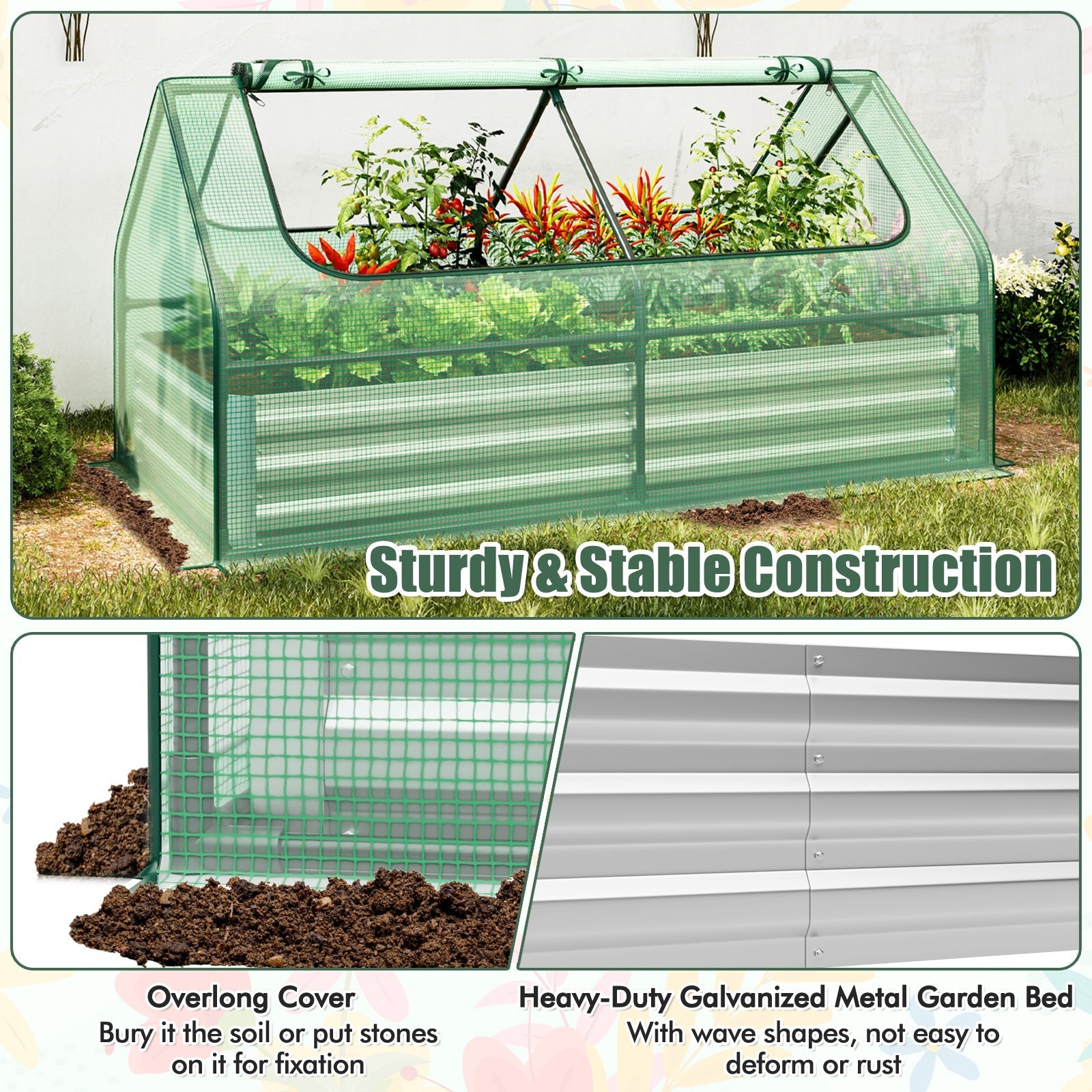6 x 3 x 3 Feet Galvanized Raised Garden Bed with Greenhouse