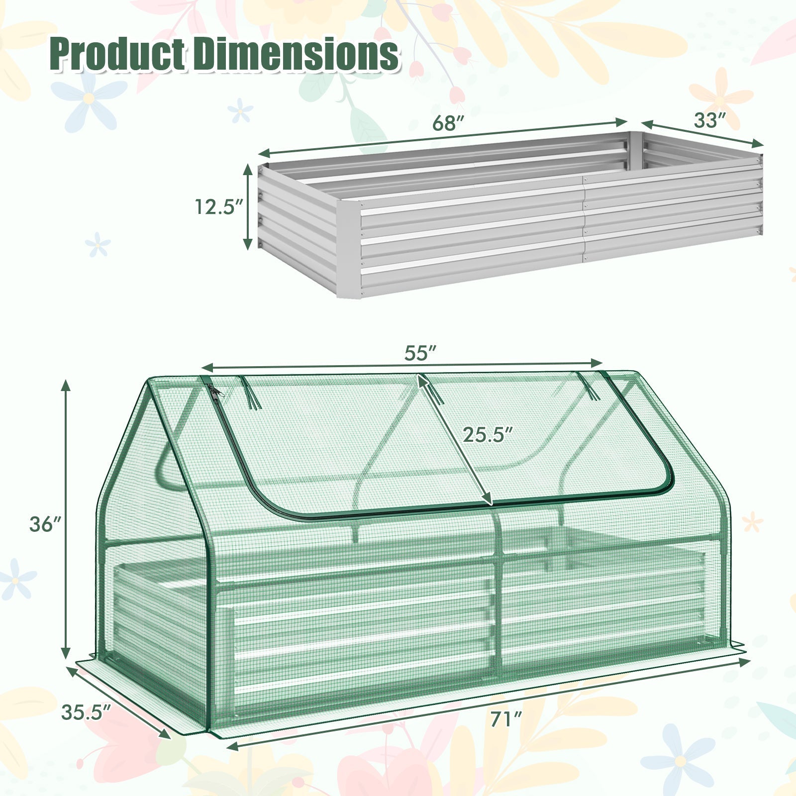 6 x 3 x 3 Feet Galvanized Raised Garden Bed with Greenhouse