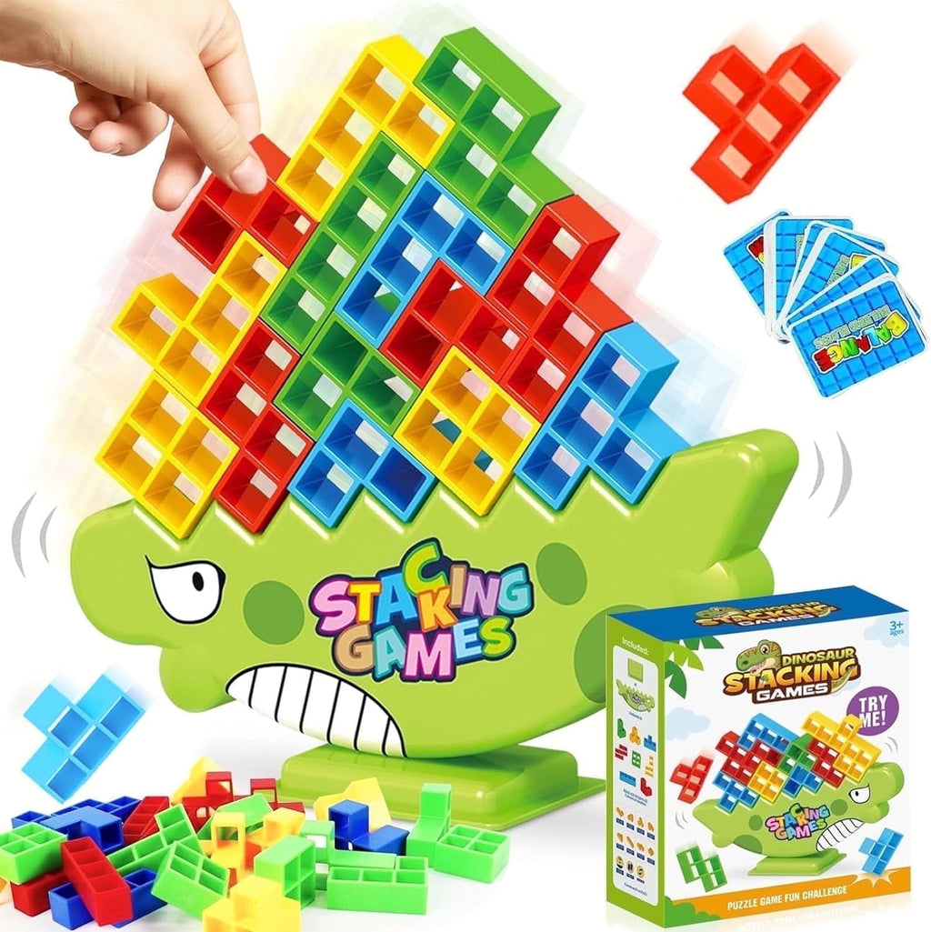 HBK Dinosaur Stacking Tower Game with 64 Blocks, 2-4 Player Family Boa