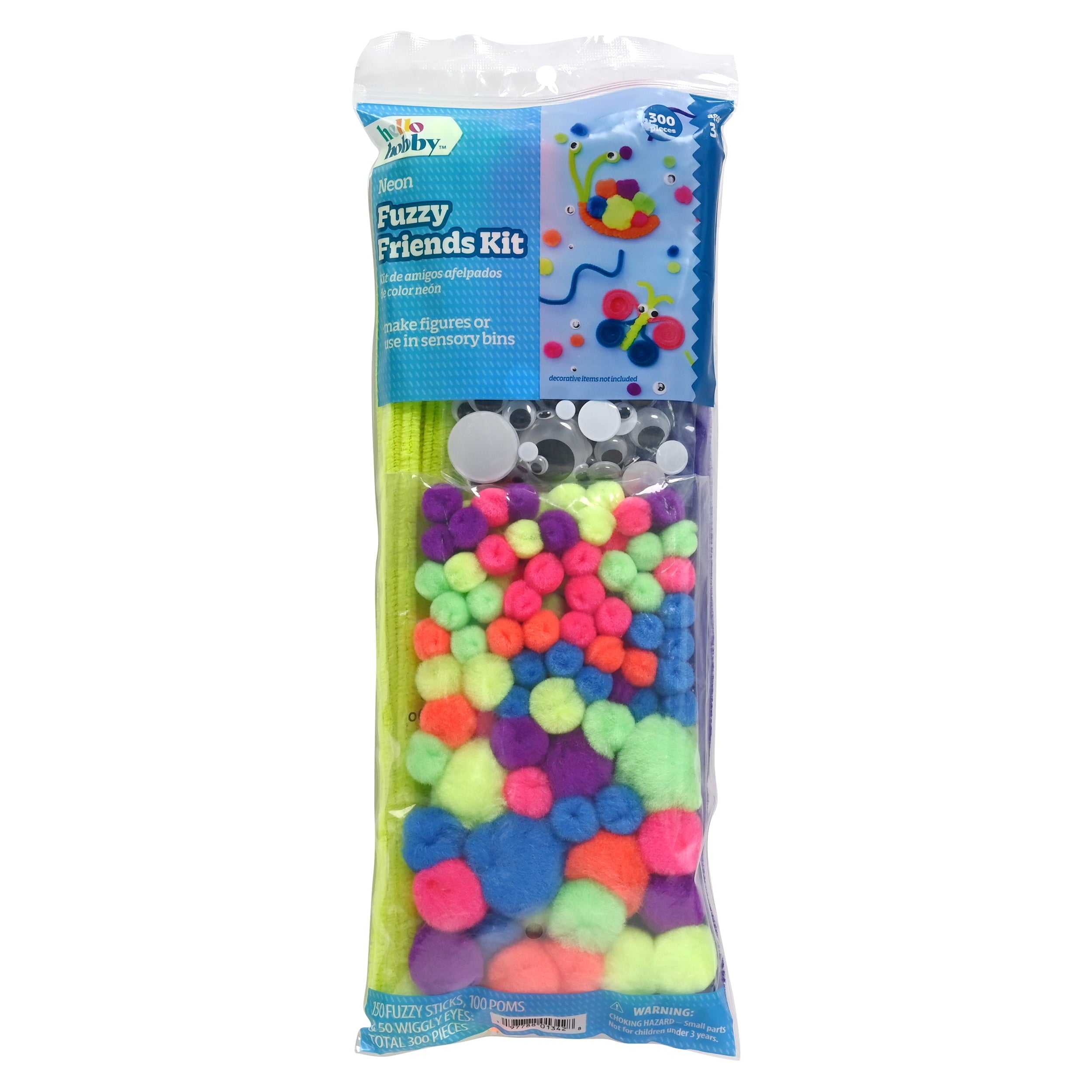 Hello Hobby Fuzzy Craft Kit, 300 Count, Neon Multicolor Chenille Stems