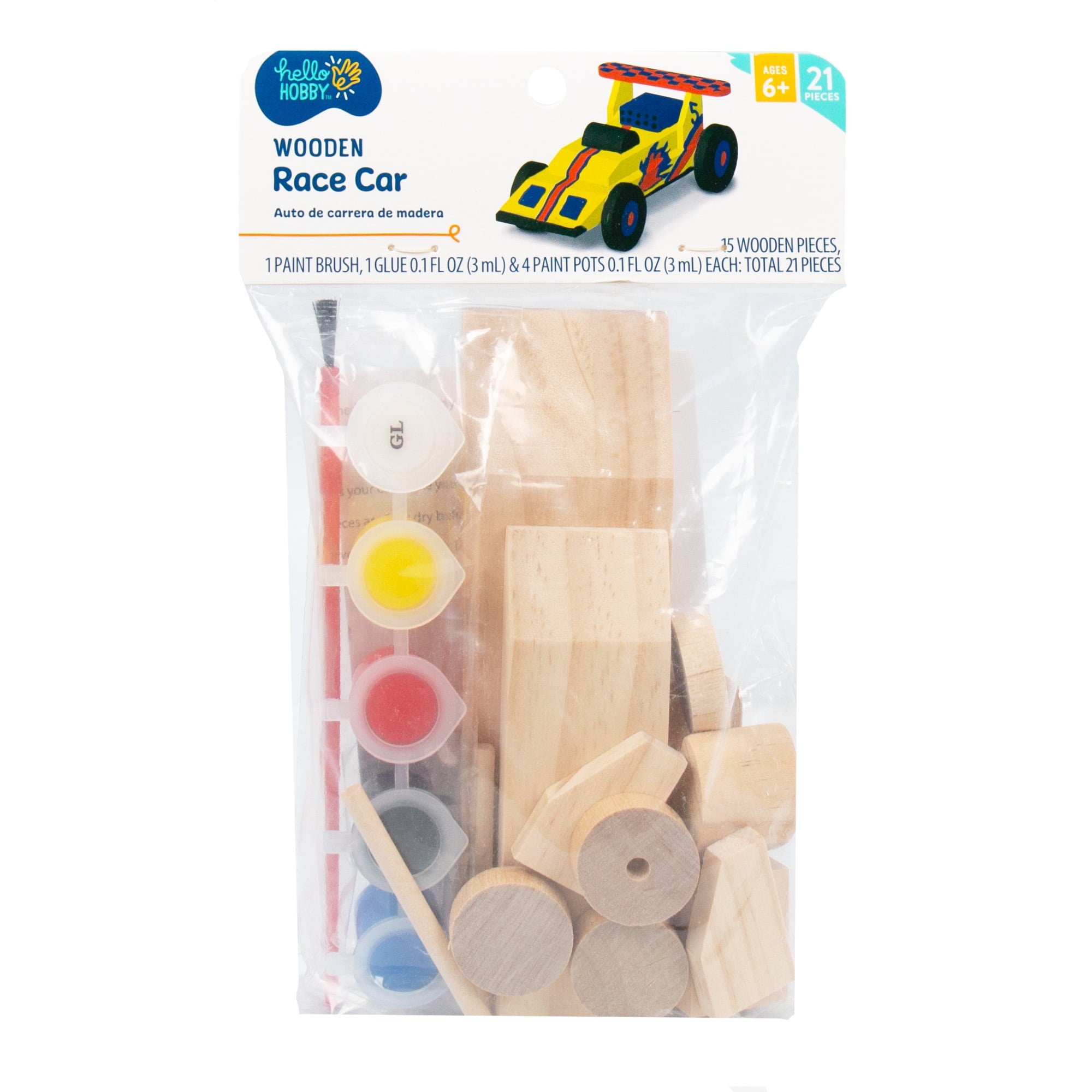 Hello Hobby Multicolor Build Your Own Wooden Race Car, 21 Pieces, Boys