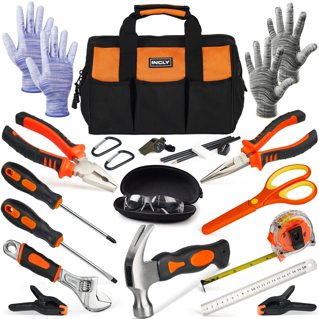 INCLY 24 PCS Real Tool Set with Tool Bag, Boys Small Real Hand Tools K