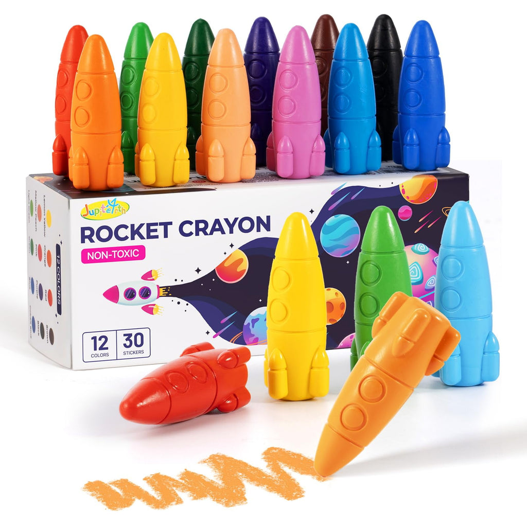 Jupitearth 24 Ct Non-Toxic Washable Rocket Crayons for Toddlers, Easy-