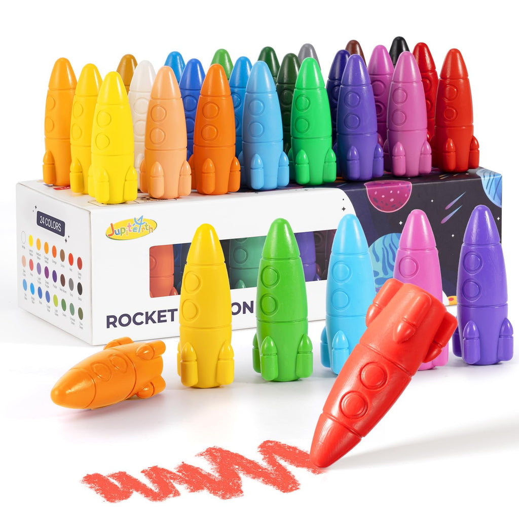 Jupitearth 24 Ct Non-Toxic Washable Rocket Crayons for Toddlers, Easy-