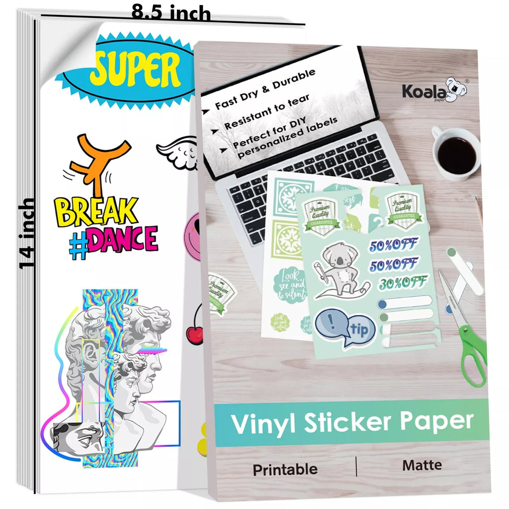 KOALA Printable Vinyl Sticker Paper 8.5x14, Waterproof, Matte White fo