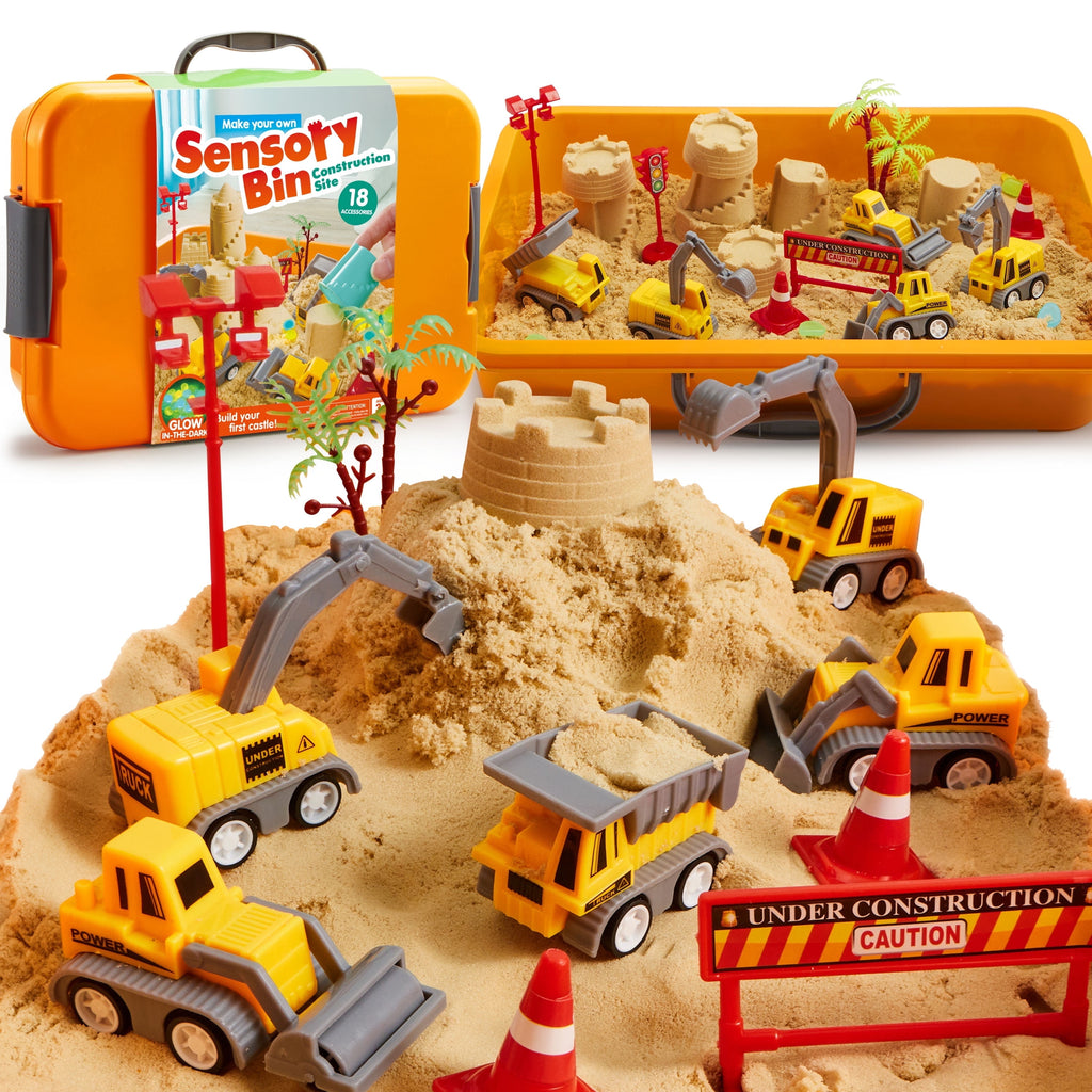 Construction Sensory Bin with Glow-in-The-Dark Stones