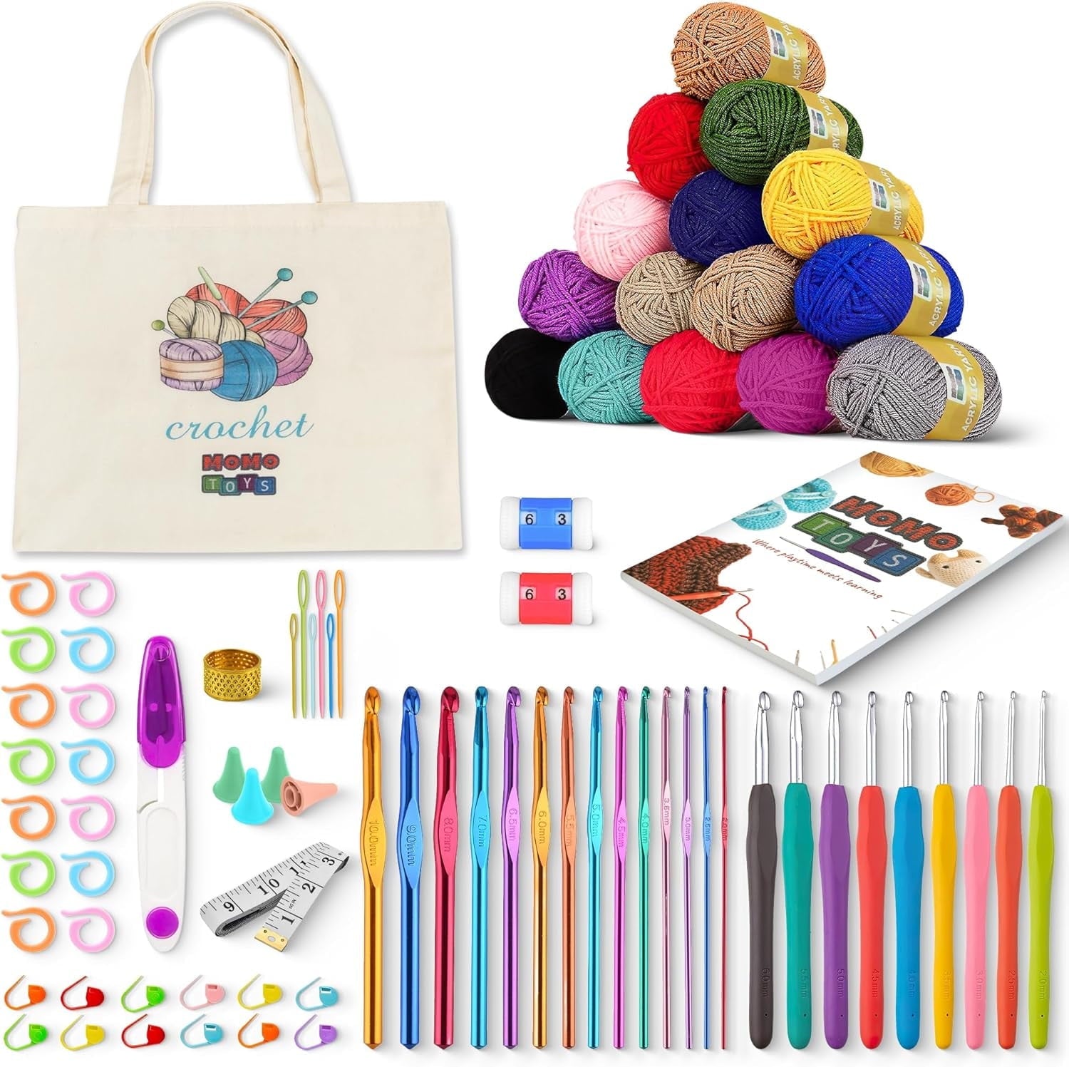 MOMOTOYS 74-Piece Crochet Kit for Beginners and Kids with Instruction