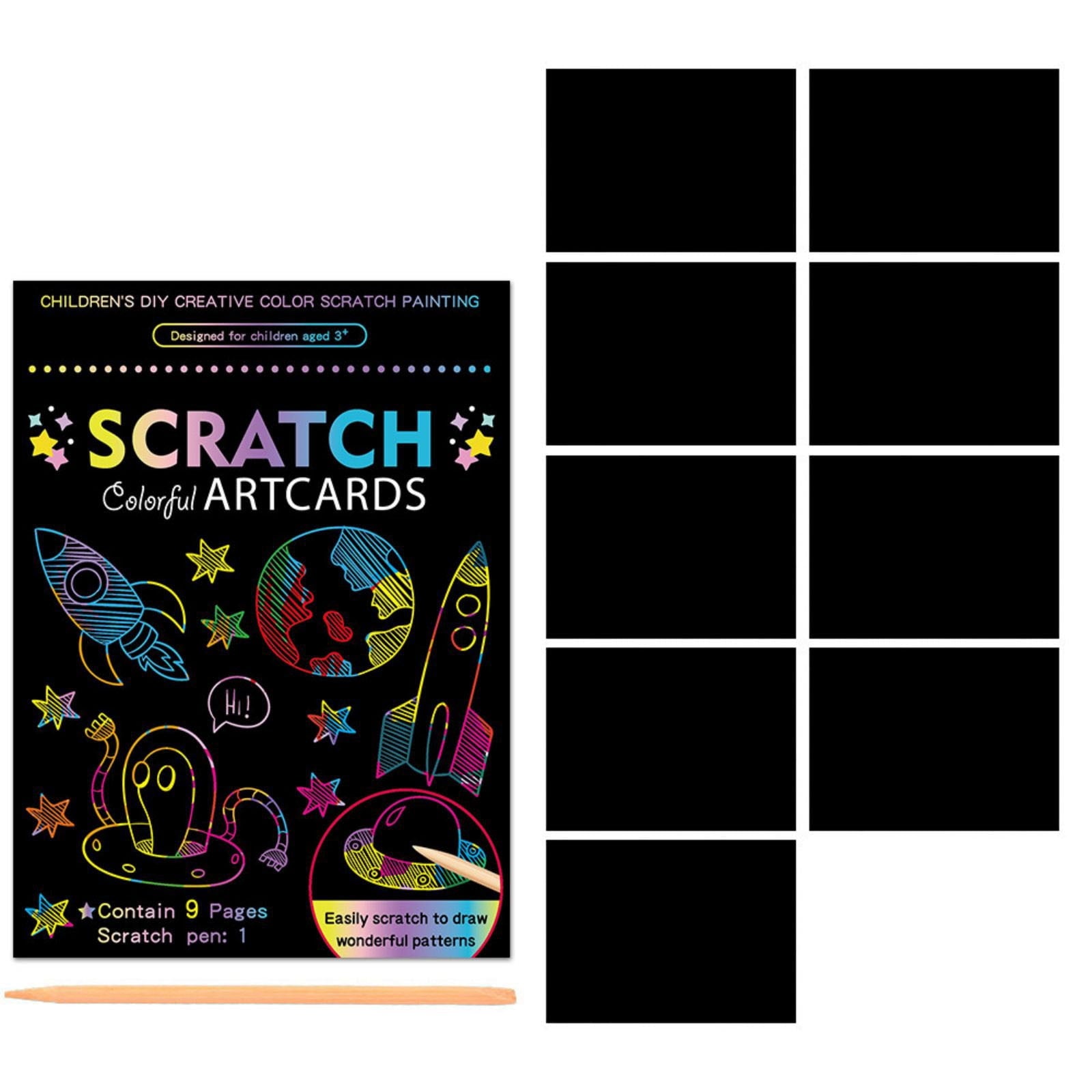 Magic Scratch Art Paper Set, 9 Sheets with Wooden Stylus for Creative